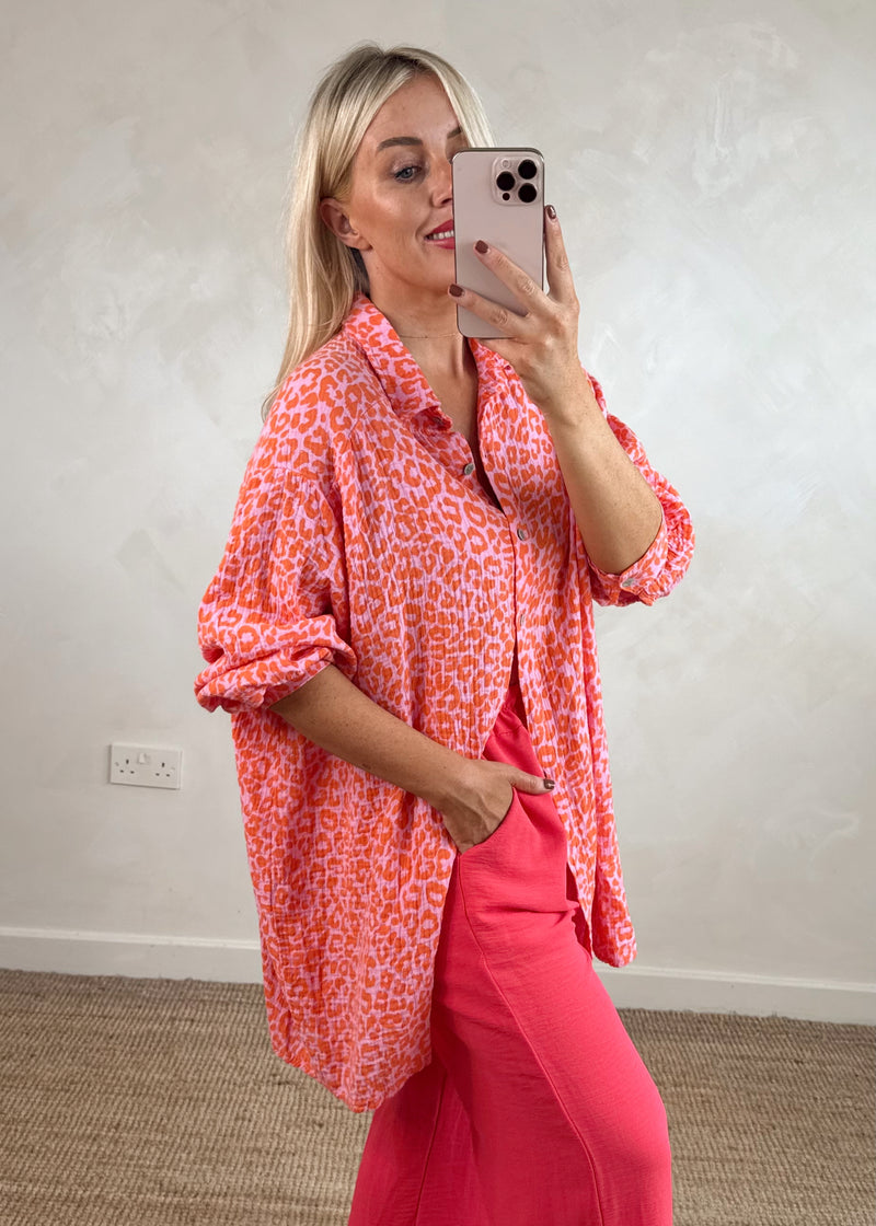 Natalie Longline cheesecloth shirt - orange leopard-The Style Attic