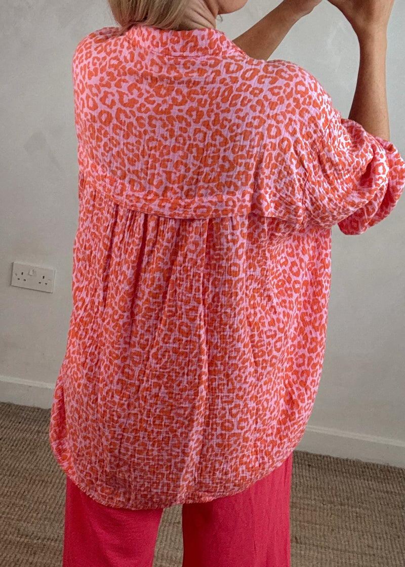 Natalie Longline cheesecloth shirt - orange leopard-The Style Attic