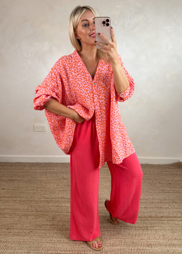 Natalie Longline cheesecloth shirt - orange leopard-The Style Attic