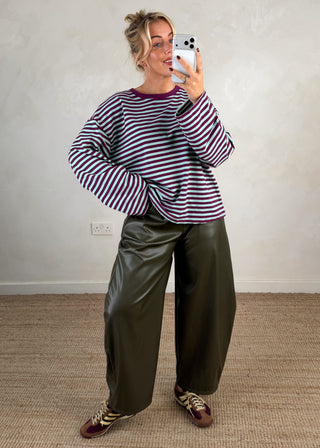 Nico crew neck striped tee - Aubergine/aqua-The Style Attic