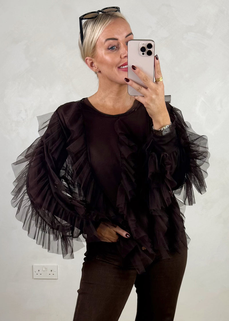 Nola tulle blouse - chocolate-The Style Attic