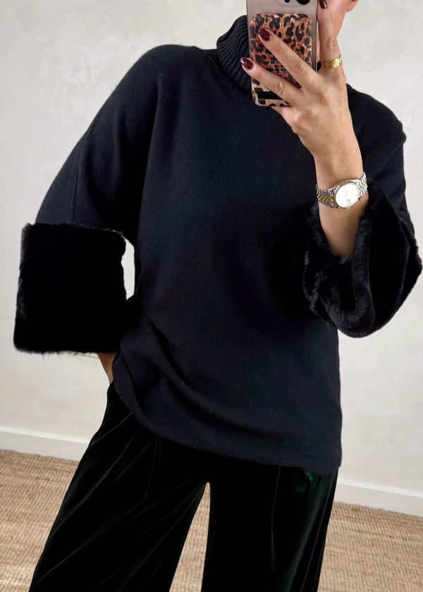 Petra fur trim knit - black-The Style Attic