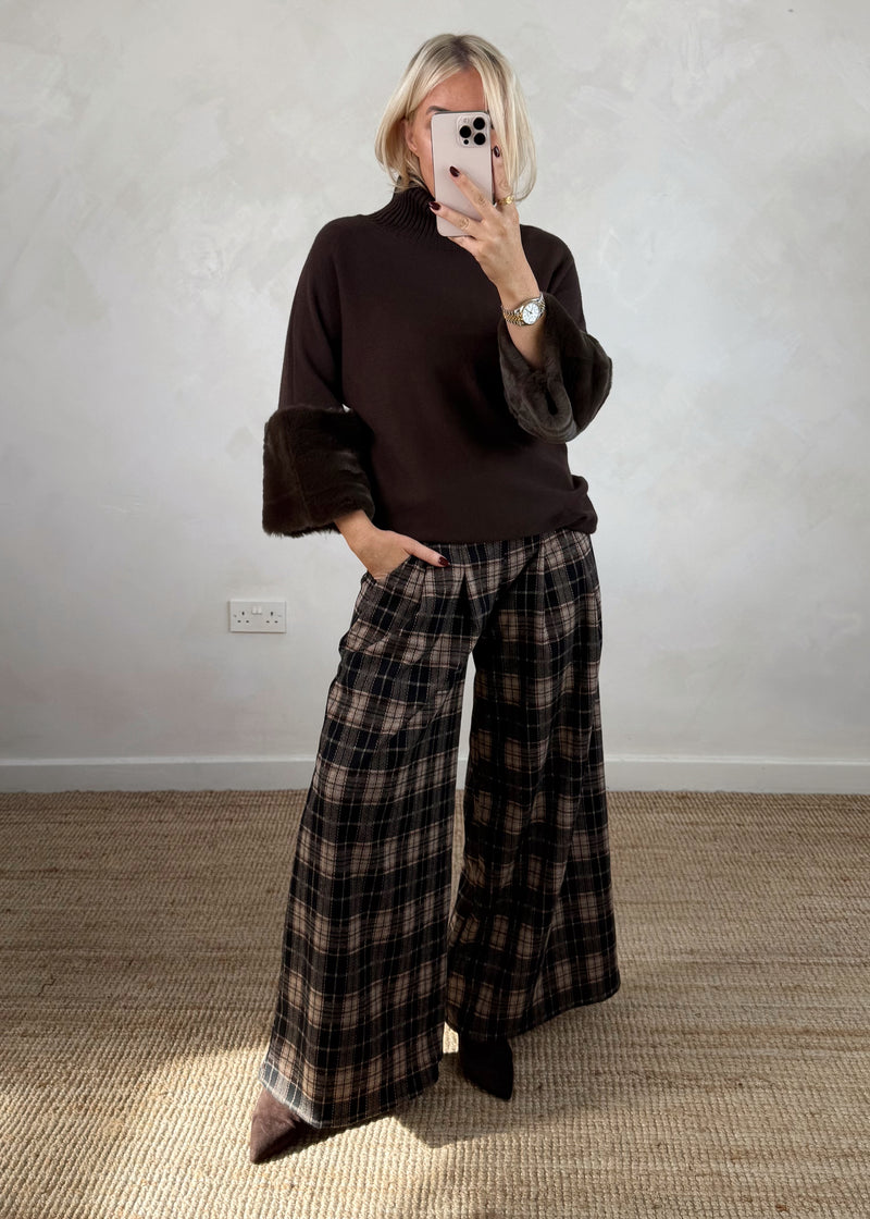 Petra fur trim knit - chocolate-The Style Attic