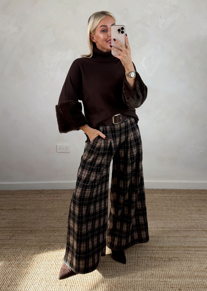 Petra fur trim knit - chocolate-The Style Attic