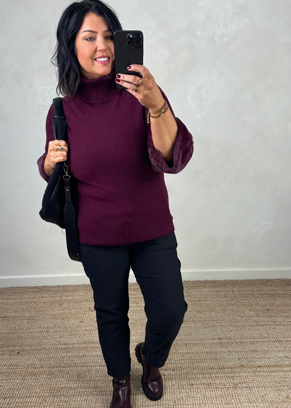 Petra fur trim knit - damson-The Style Attic