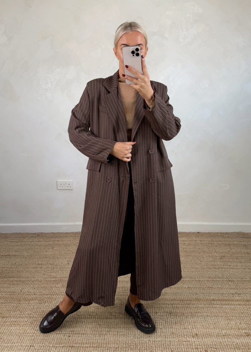 Pinstripe longline blazer - chocolate-The Style Attic