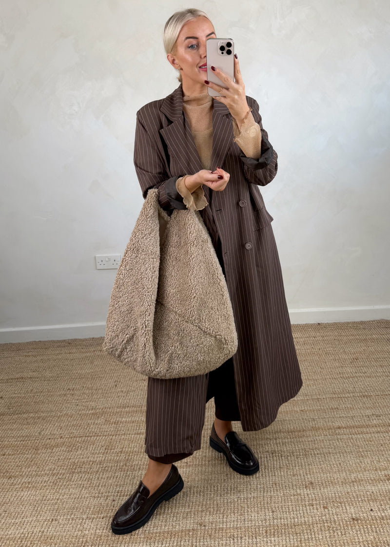 Pinstripe longline blazer - chocolate-The Style Attic