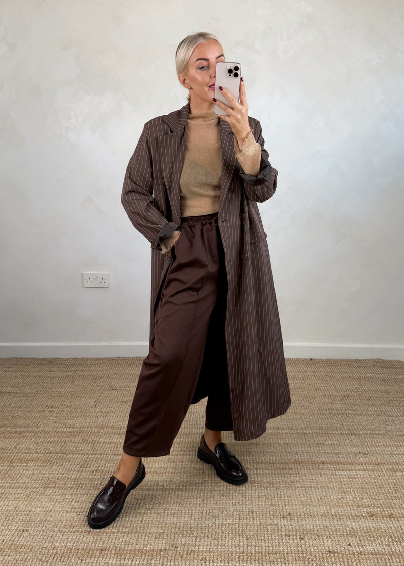 Pinstripe longline blazer - chocolate-The Style Attic