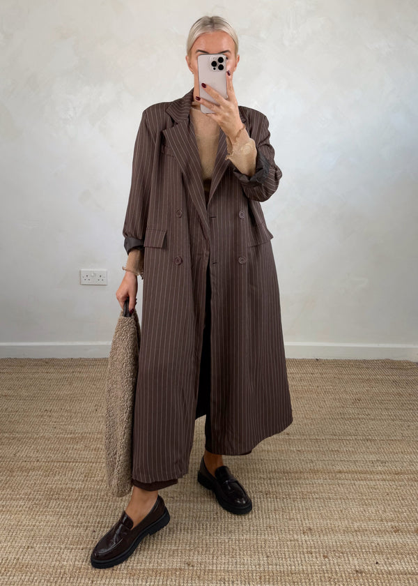Pinstripe longline blazer - chocolate-The Style Attic
