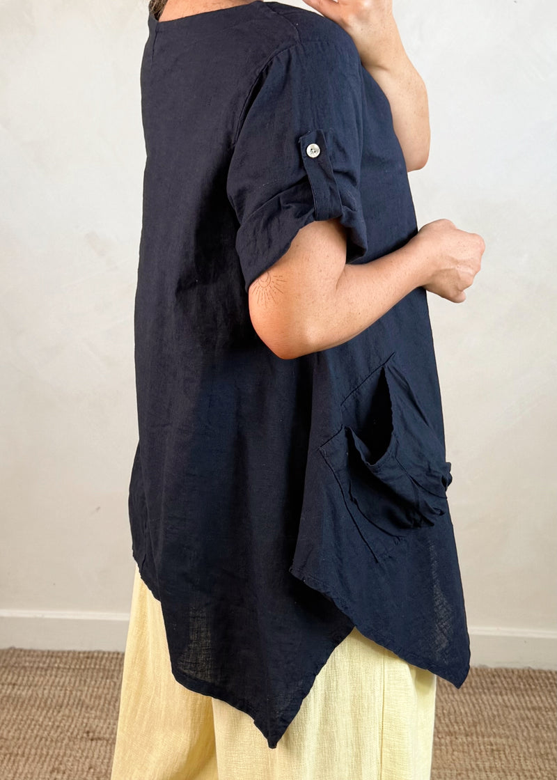 Polly Linen top - navy-The Style Attic