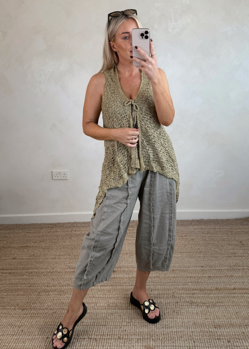 Popcorn sleeveless tie front - olive-The Style Attic
