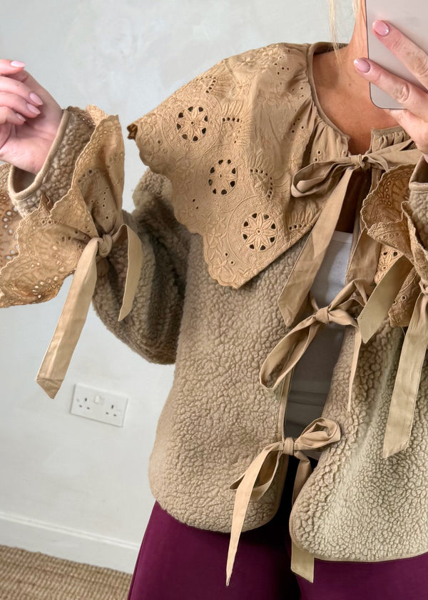 Posey tie front teddy jacket - camel-The Style Attic
