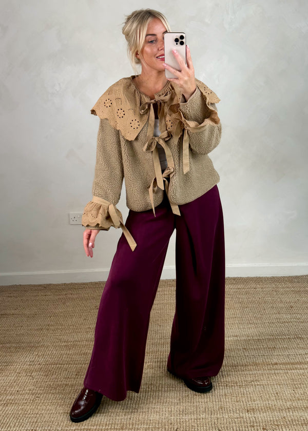 Posey tie front teddy jacket - camel-The Style Attic