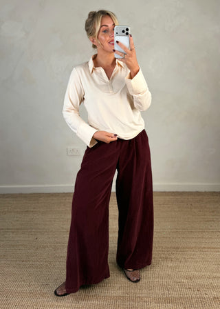 Quinn baby cord palazzo - Merlot-The Style Attic