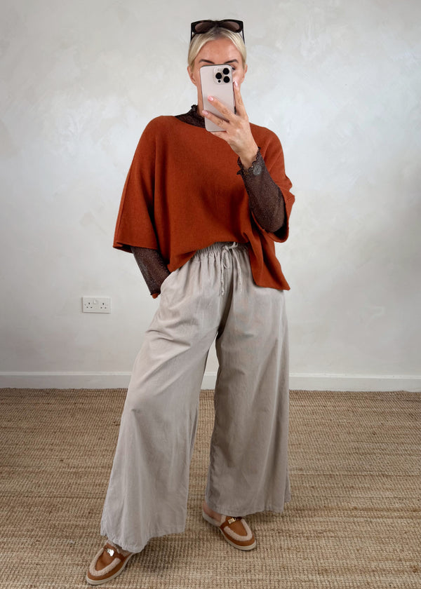 Quinn corduroy palazzo - stone-The Style Attic
