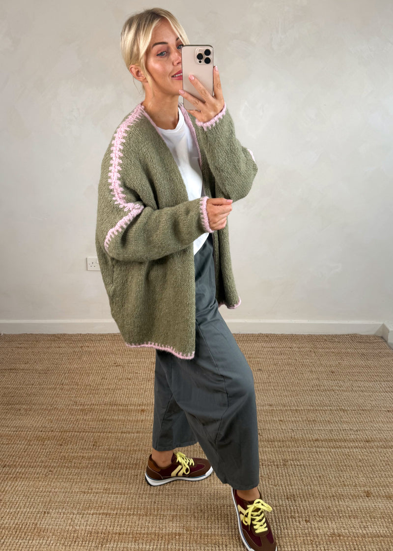 Ramona cardigan - khaki/pink-The Style Attic