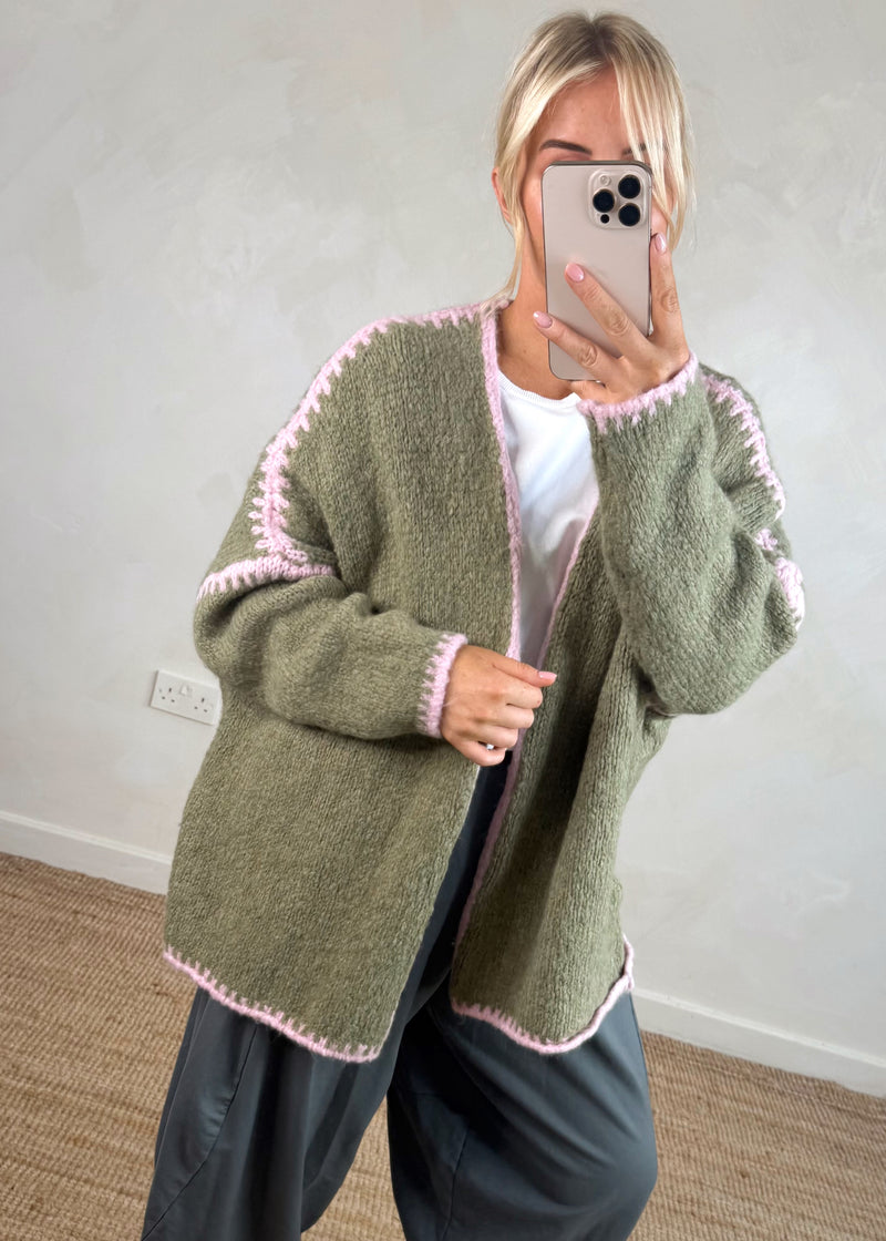 Ramona cardigan - khaki/pink-The Style Attic