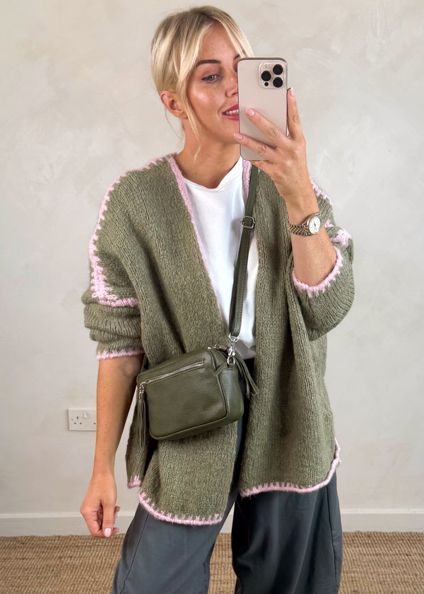 Ramona cardigan - khaki/pink-The Style Attic