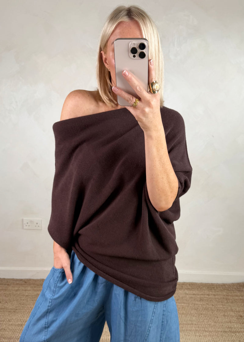 Raya asymmetric knit - chocolate-The Style Attic