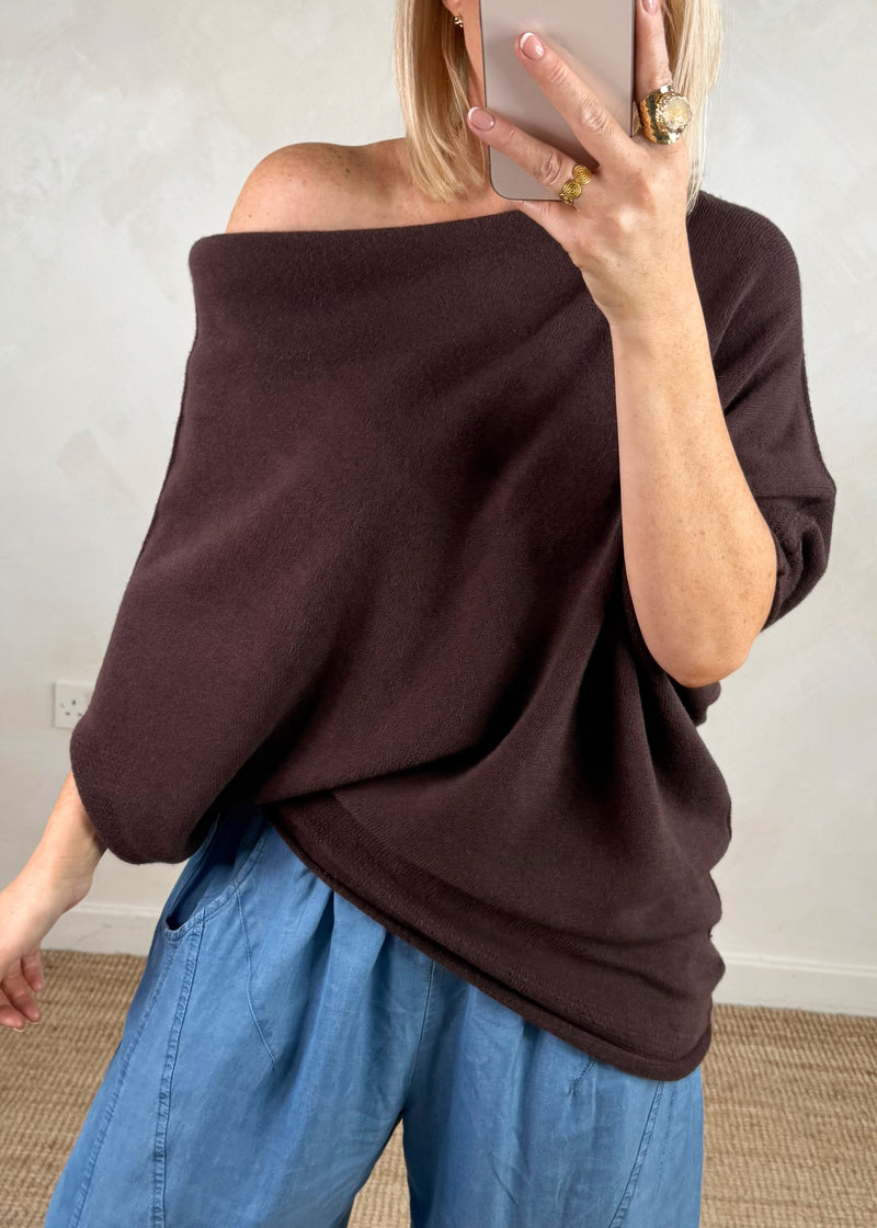 Raya asymmetric knit - chocolate-The Style Attic