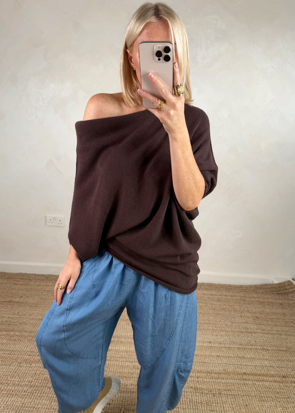 Raya asymmetric knit - chocolate-The Style Attic