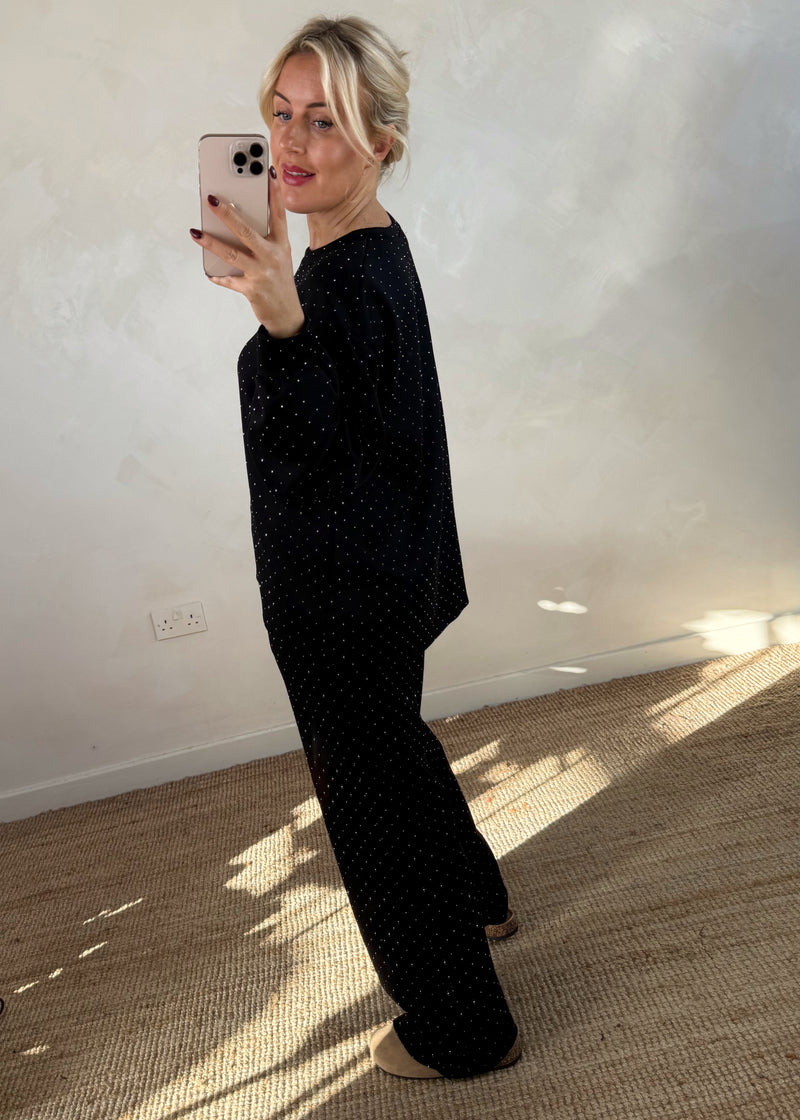 Rhinestone wide leg co-ord - black-The Style Attic