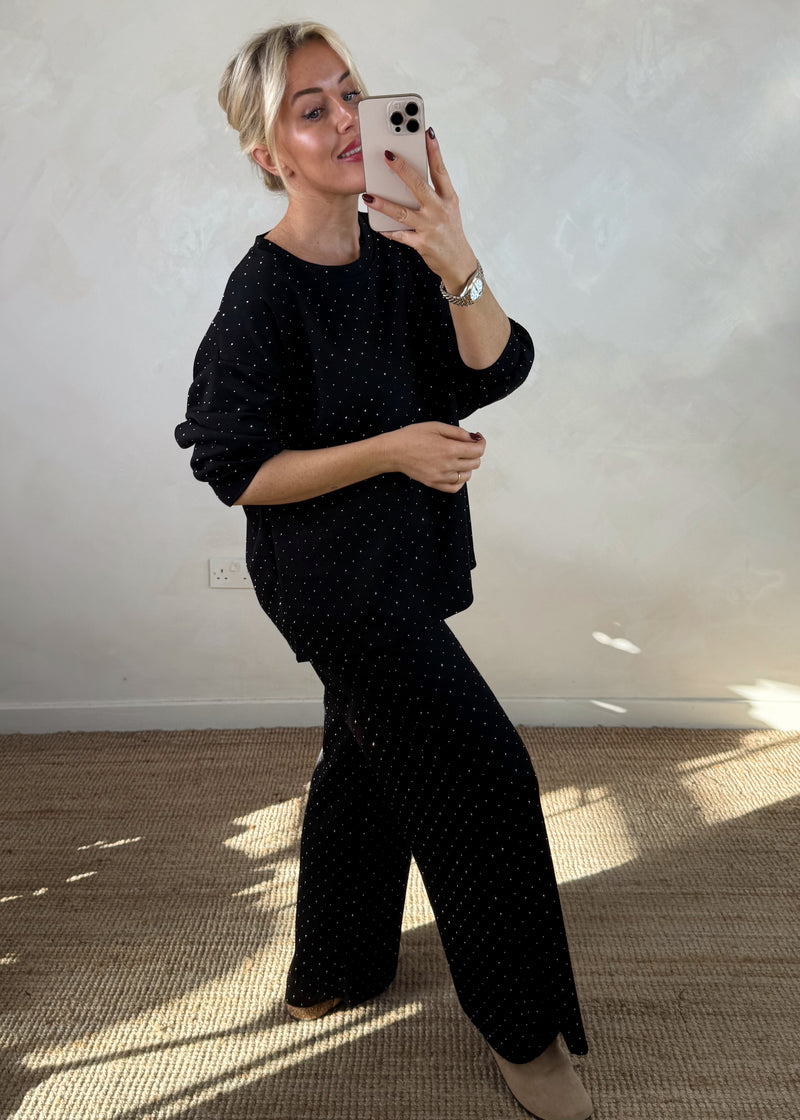 Rhinestone wide leg co-ord - black-The Style Attic