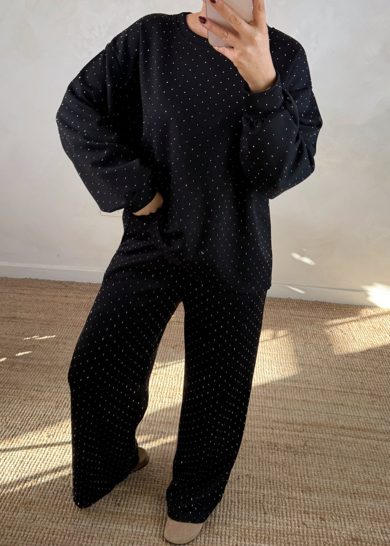 Rhinestone wide leg co-ord - black-The Style Attic