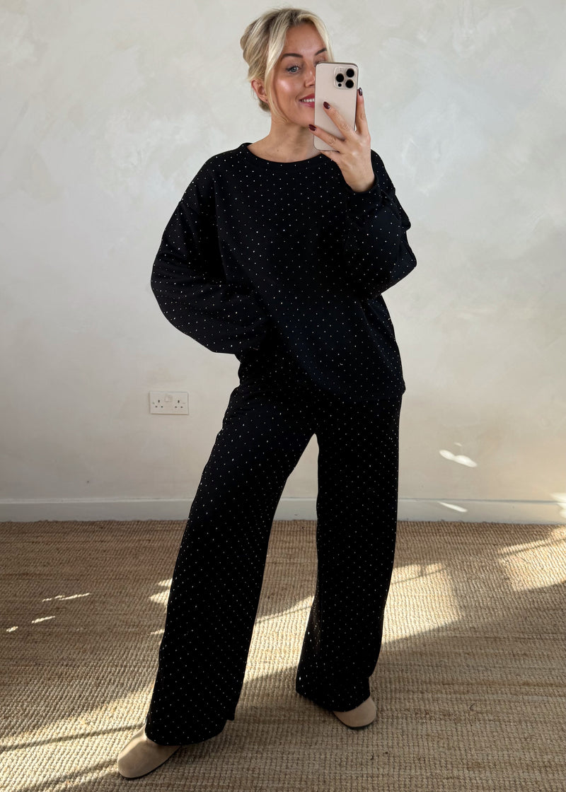 Rhinestone wide leg co-ord - black-The Style Attic