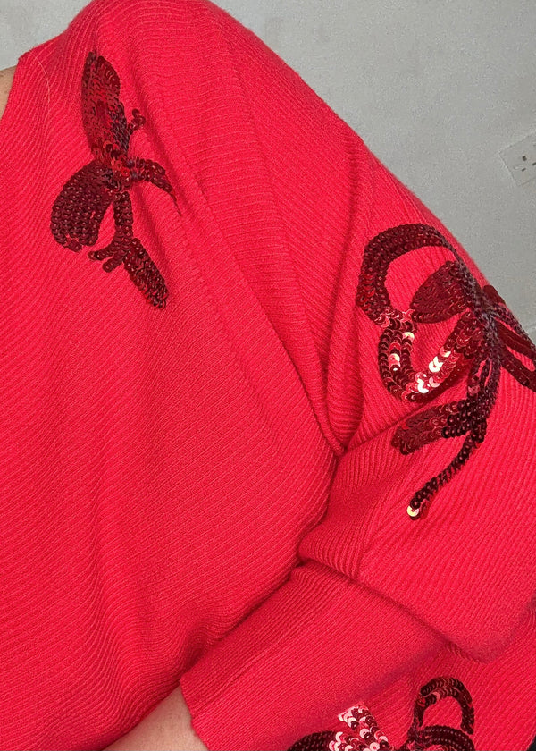 Ribbed bow knit - red-The Style Attic