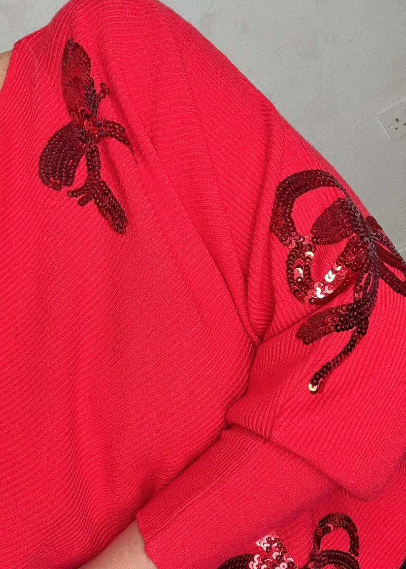 Ribbed bow knit - red-The Style Attic