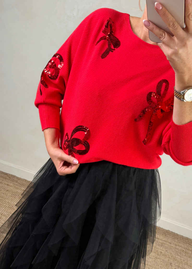 Ribbed bow knit - red-The Style Attic