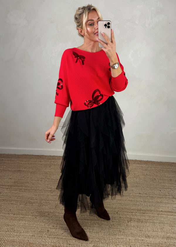 Ribbed bow knit - red-The Style Attic