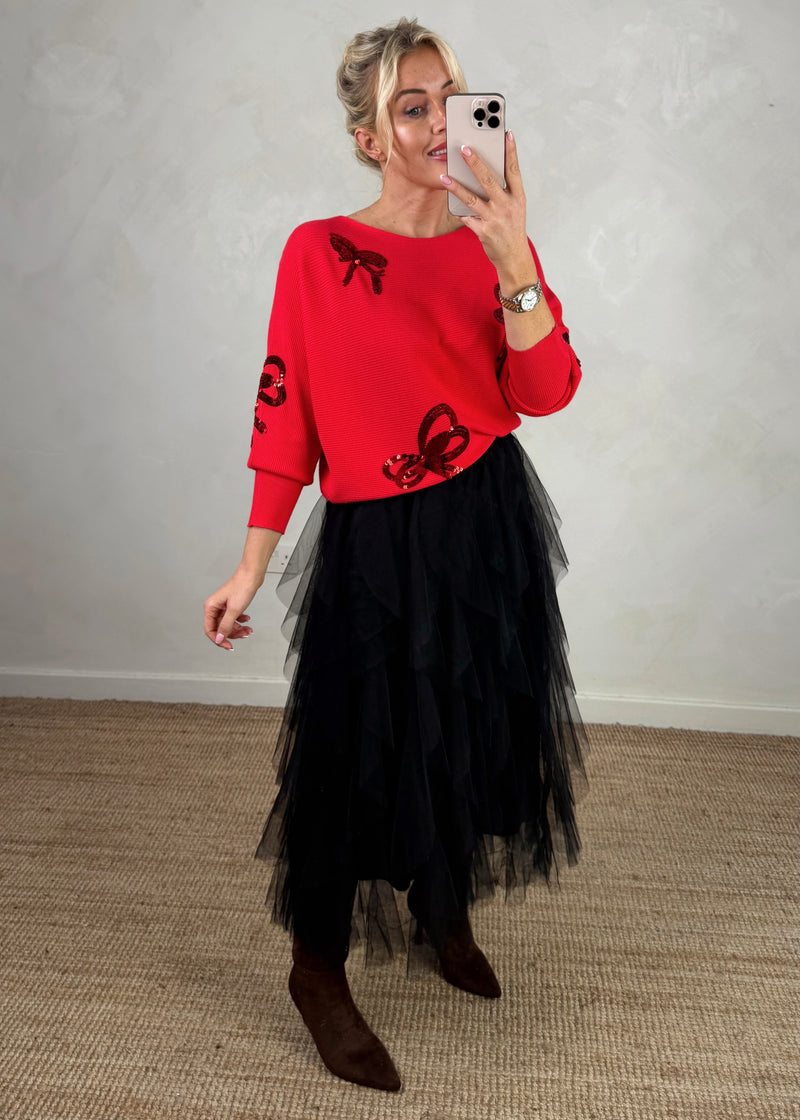 Ribbed bow knit - red-The Style Attic