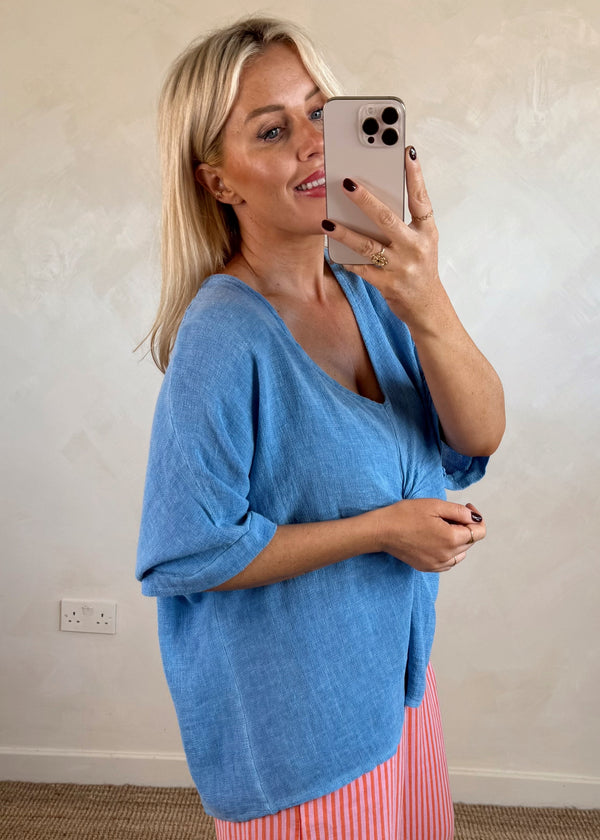 Rina linen blend top - cerulean-The Style Attic