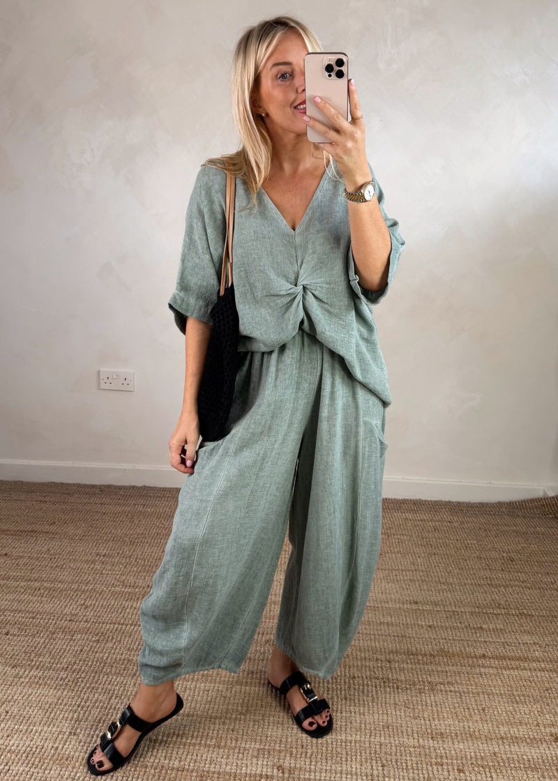 Rina linen blend top - sage-The Style Attic