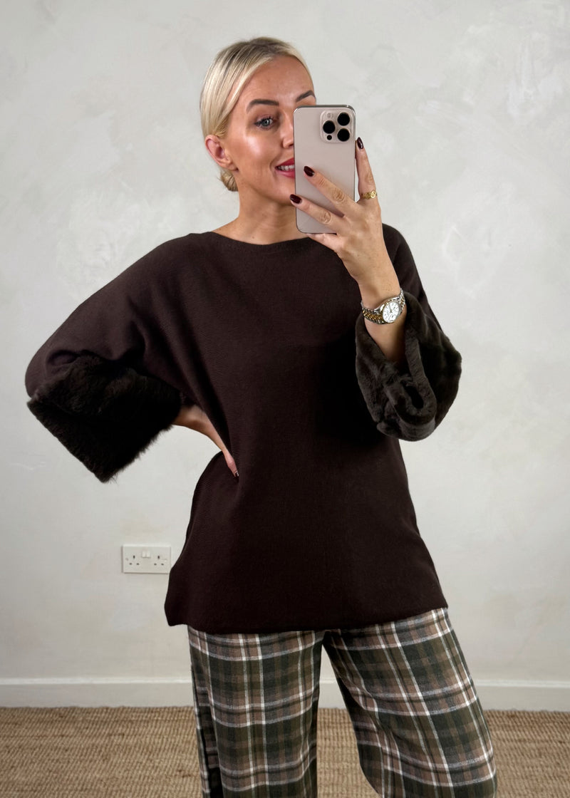 Ruby fur trim knit - chocolate-The Style Attic