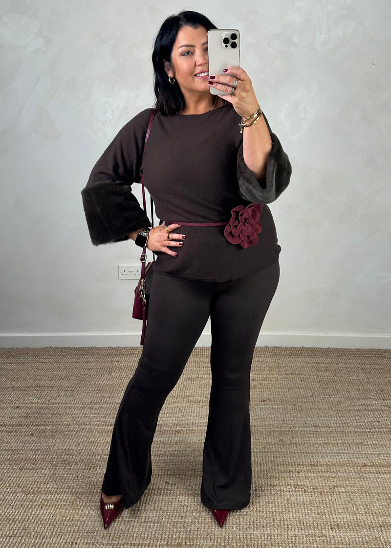 Ruby fur trim knit - chocolate-The Style Attic