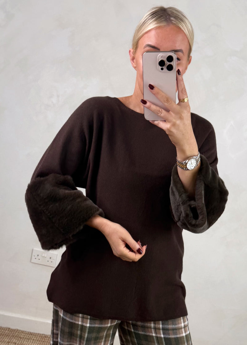 Ruby fur trim knit - chocolate-The Style Attic