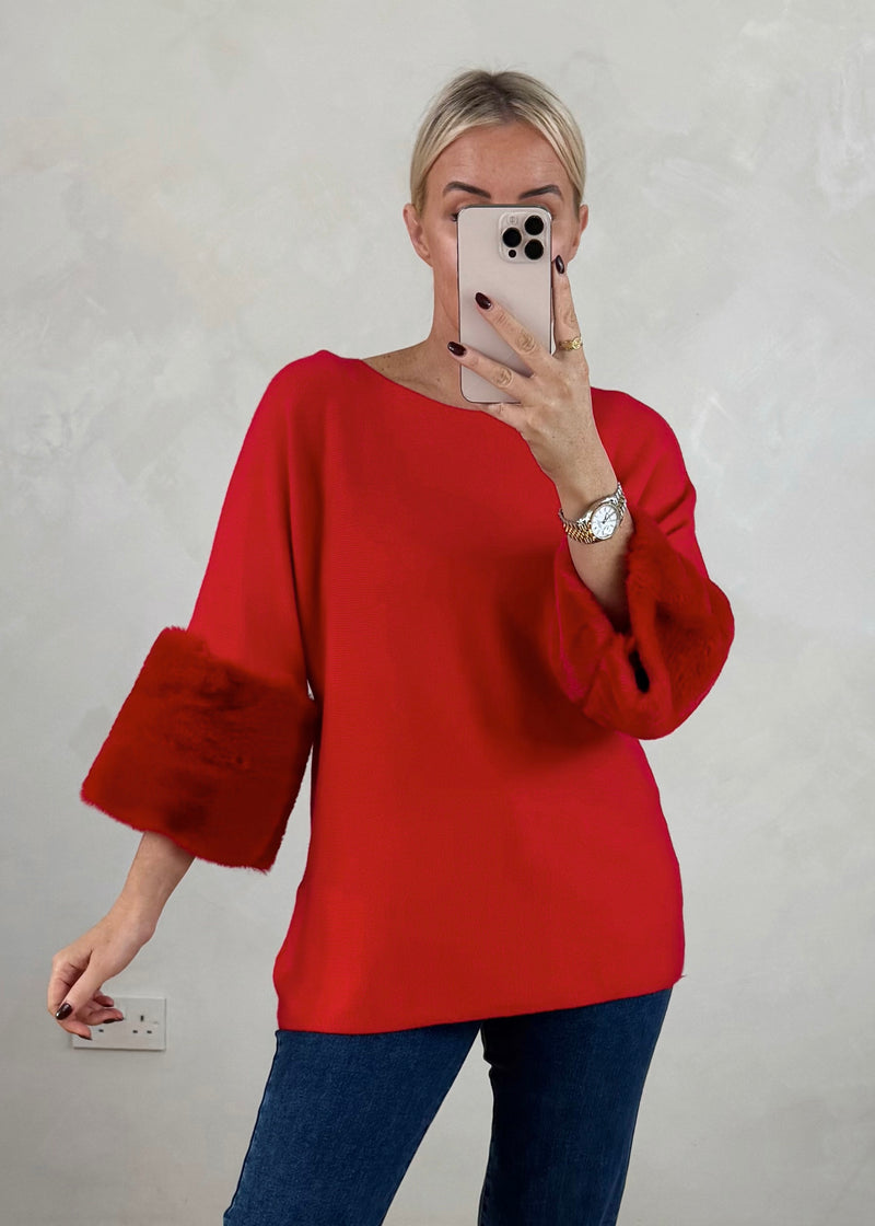 Ruby fur trim knit - red-The Style Attic