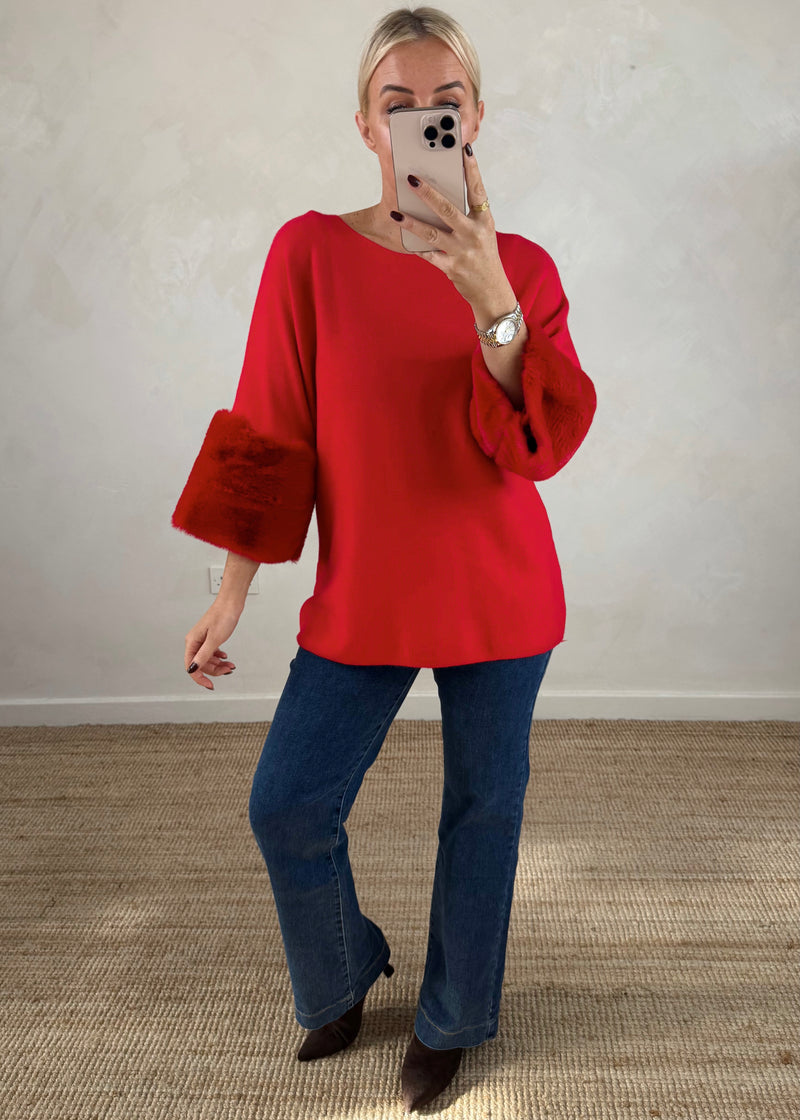 Ruby fur trim knit - red-The Style Attic