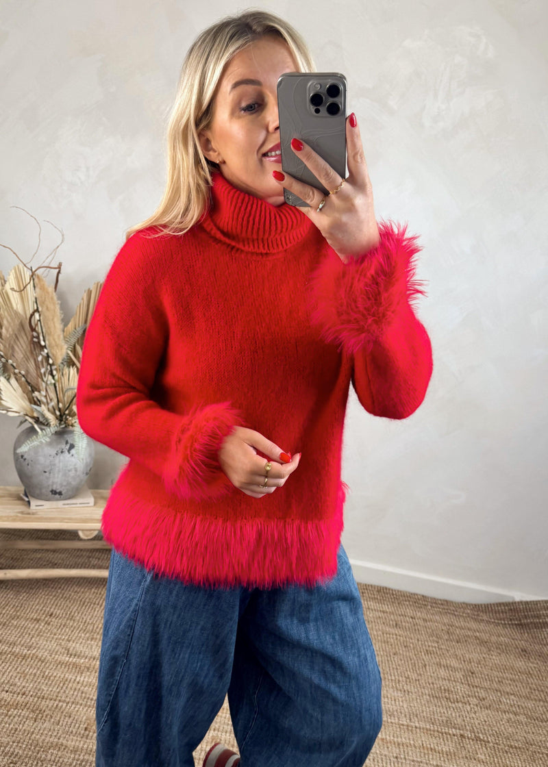 Ruci fur trim knit - red-The Style Attic