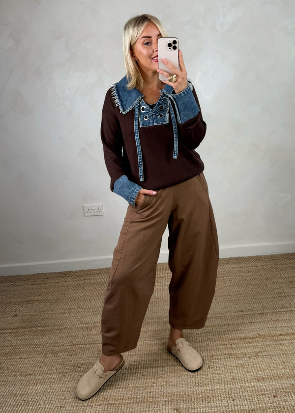 Sadie tie front knit - chocolate/denim-The Style Attic