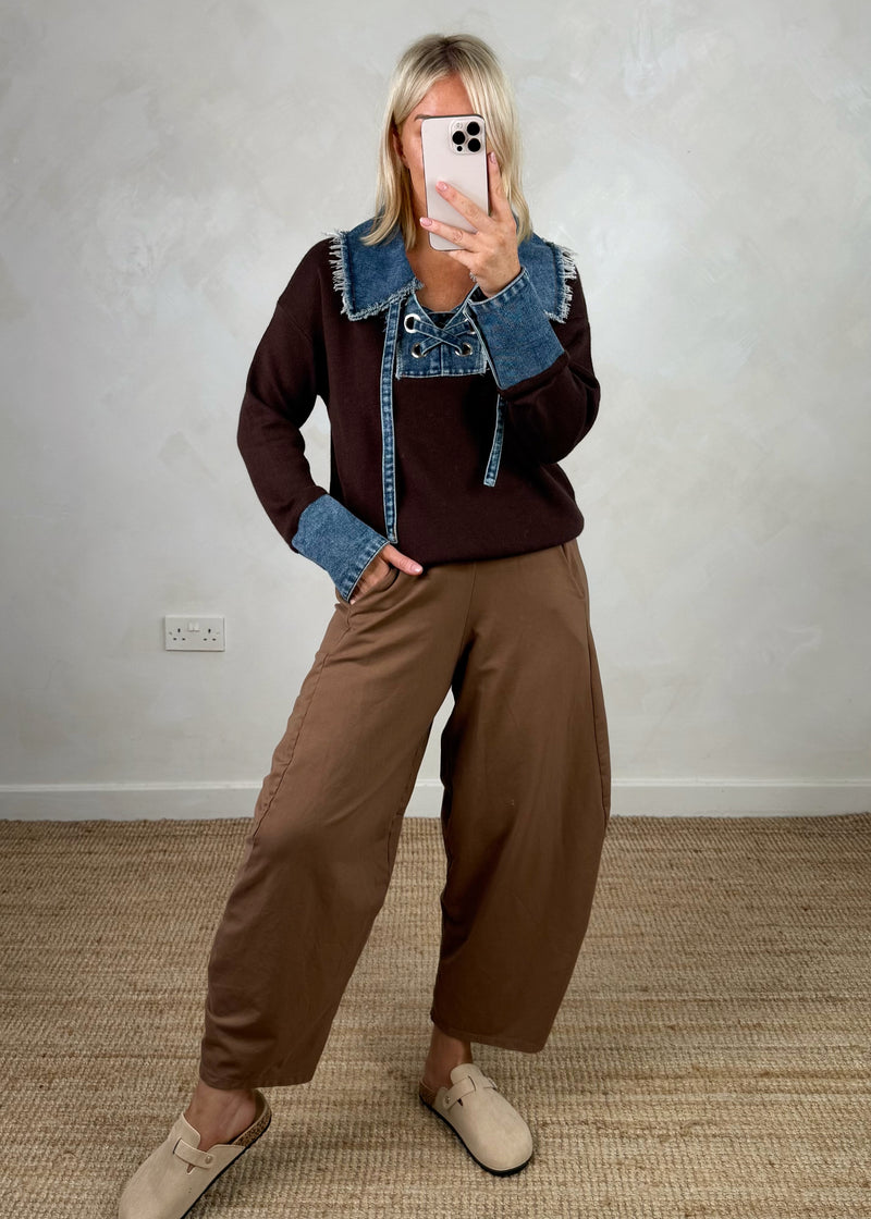 Sadie tie front knit - chocolate/denim-The Style Attic