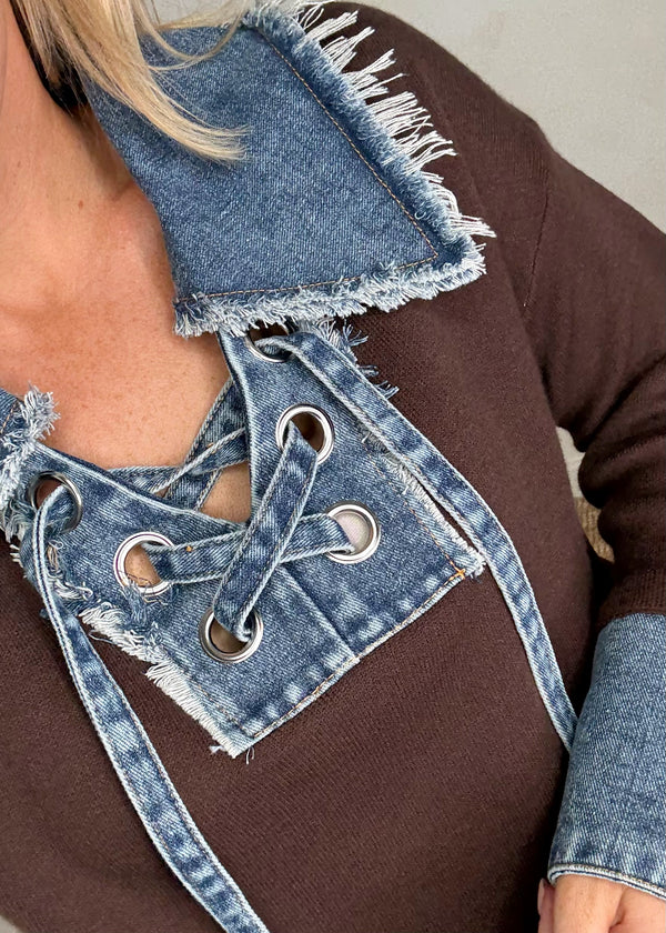 Sadie tie front knit - chocolate/denim-The Style Attic