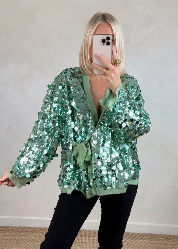 Sequin tie jacket - mint-The Style Attic