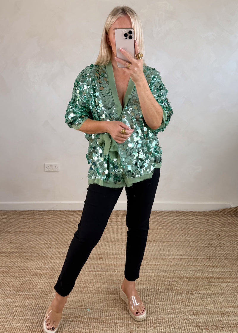 Sequin tie jacket - mint-The Style Attic