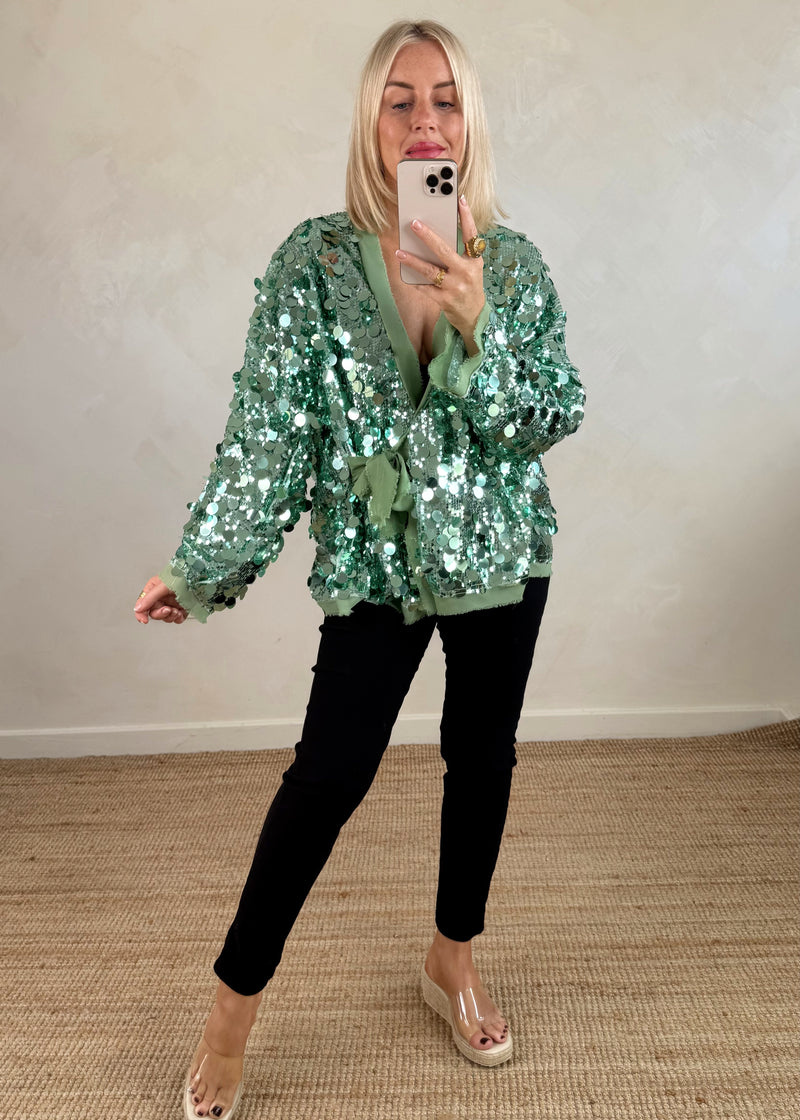 Sequin tie jacket - mint-The Style Attic