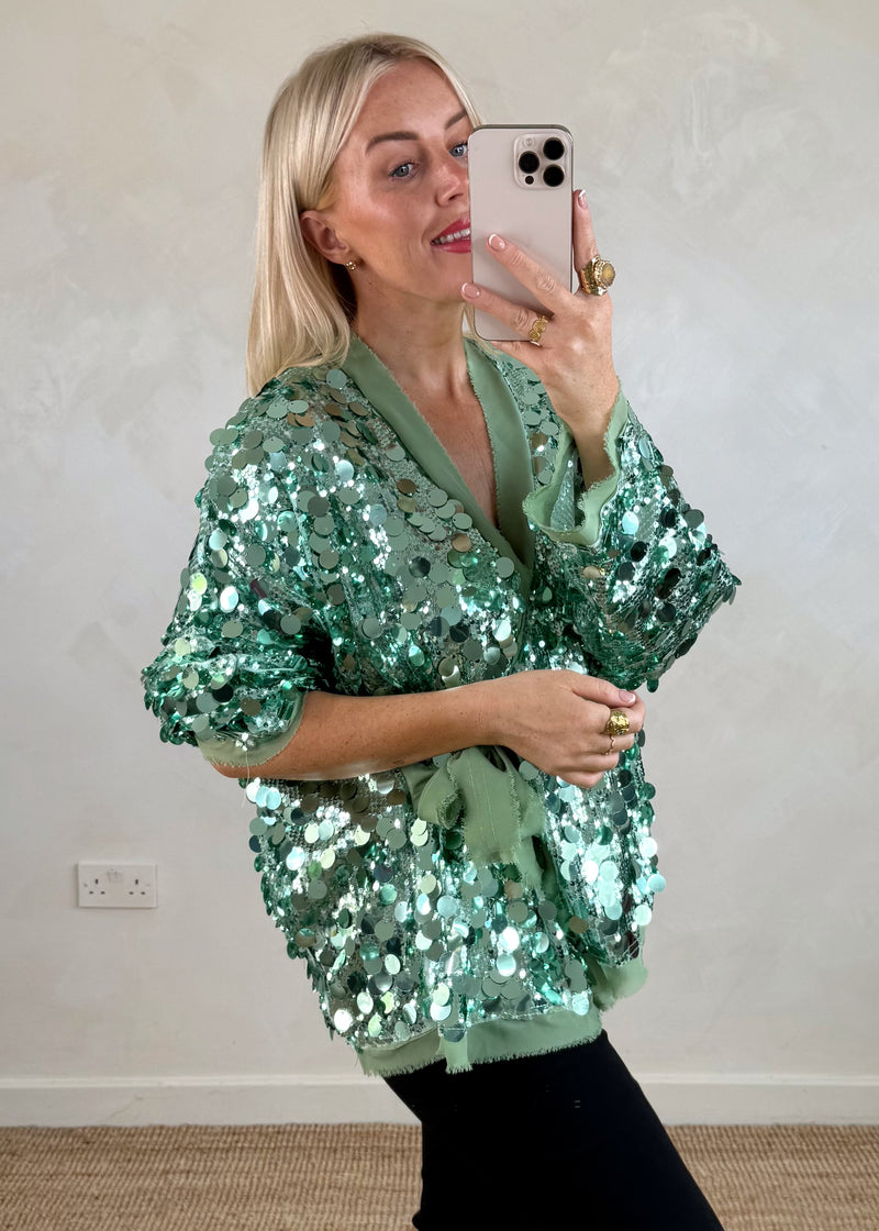 Sequin tie jacket - mint-The Style Attic