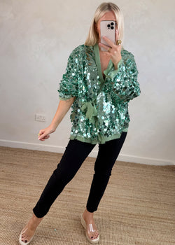 Sequin tie jacket - mint-The Style Attic